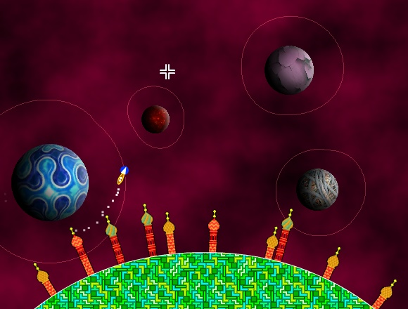 A small lander flies negotiates several diverse planetoids to reach its destination